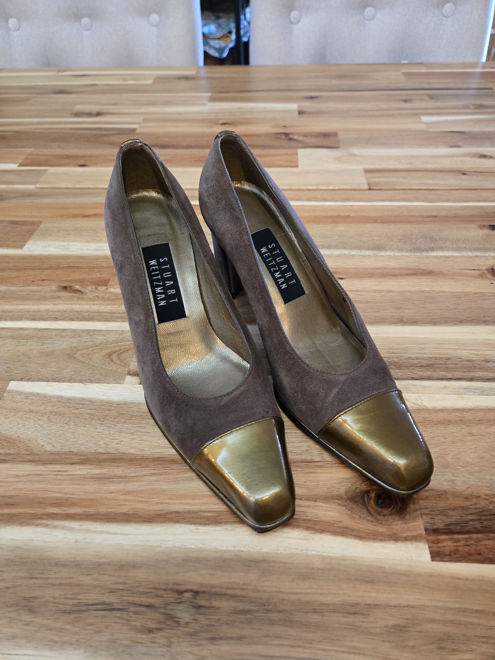 Stuart Weitzman Brown Suede Pumps with Gold Cap Toe